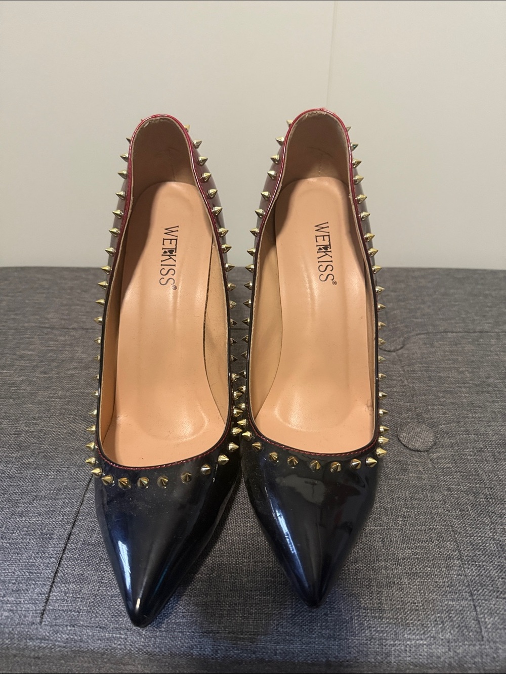 Red and Black Studded Pointed-Toe Women's Pumps - Picture 2 of 5